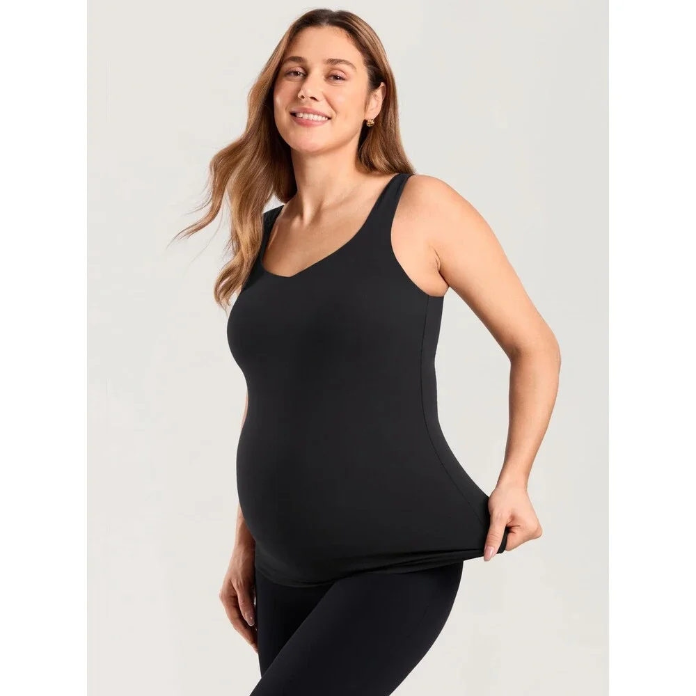 MOMANDA Maternity Black Nursing Tank Tops Built Bra Sleeveless Pregnancy Tee V S
